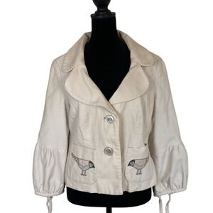 Anthropologie Elevenses‎ Women's Cream Jacket Bird Embroidery Size 6 Novelty